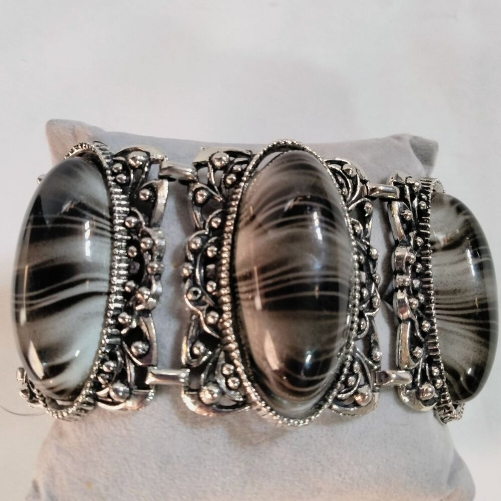 Vintage Boho Silver Tone Statement Bracelet Vintage Boho Black Gray Striped